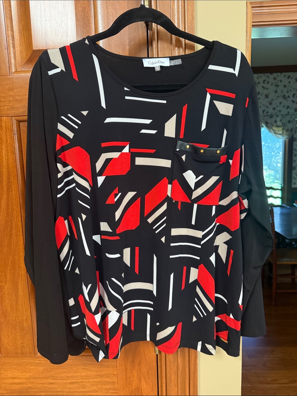 Calvin Klein Black Long-Sleeve Top with Red & Cream Geometric Print